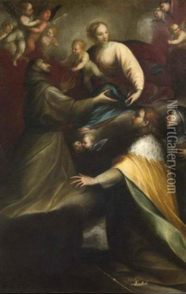 Madonna Col Bambino, Cherubini, 
San Fran- Cesco, San Luigi Dei Francesi E Una Santa In A- Dorazione Oil Painting - Giovanni Andrea Donducci (see MASTELLETTA)