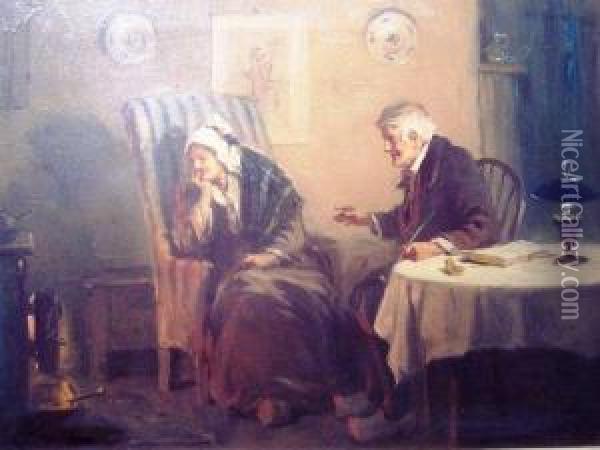 Elderly Couple Playing Draughts 
 Elderly Couple At A Table By A Fire Oil Painting - Alexander Rosell