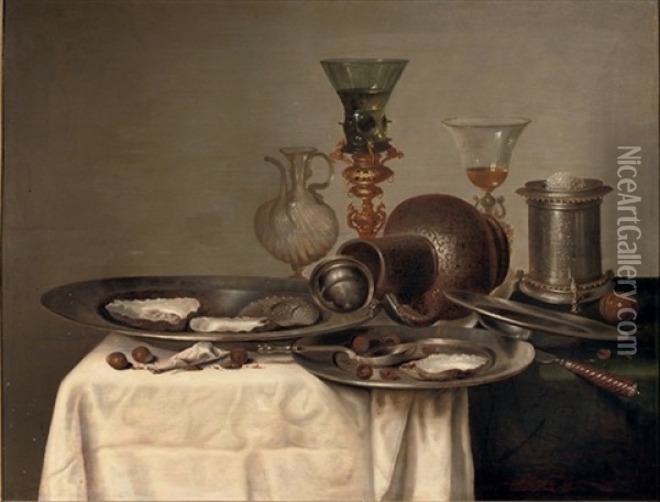 Oysters And Hazelnuts On Pewter Dishes, A Roemer In A Bekerschroef, A Silver Salt Cellar And An Earthenware Jug, All On A Partly Draped Table Oil Painting - Cornelis Mahu