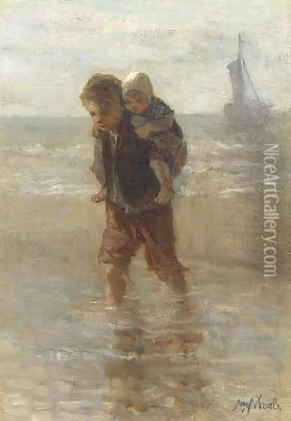 Piggy-back on the beach Oil Painting - Jozef Israels