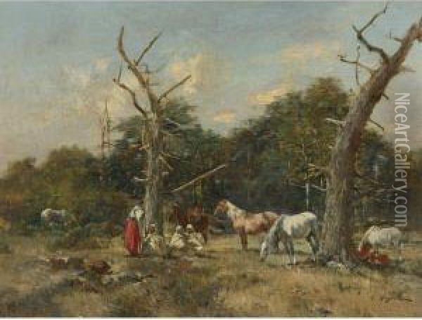 Horsemen At Rest Oil Painting - Victor Pierre Huguet