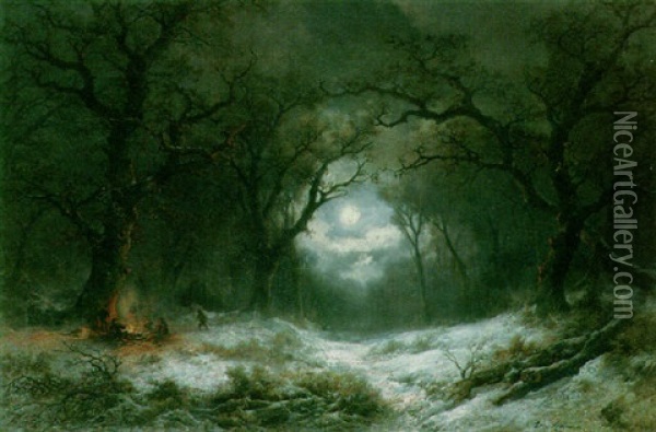 A Moonlit Winter Landscape Oil Painting - Remigius Adrianus van Haanen