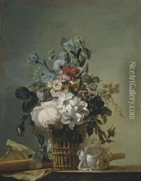Bouquet De Fleurs, Flute Et Partition Sur Un Entablement Oil Painting - Jean Jacques Bachelier