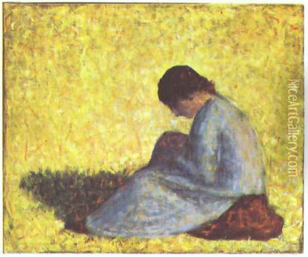 On a meadow sitting farmer girl Oil Painting - Georges Seurat