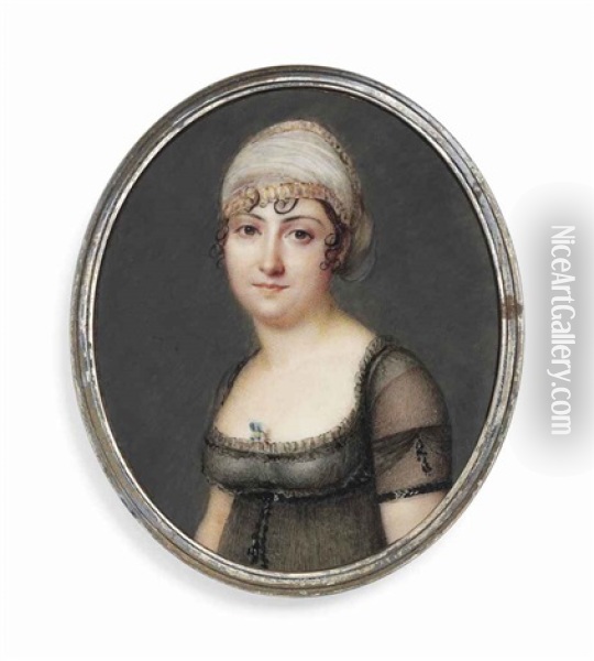 A Young Lady, In Decollete Black Muslin Dress Over White Underdress, A Nosegay At Corsage, Gold-bordered White Turban Over Her Dark Curling Hair Oil Painting - Pierre Chasselat