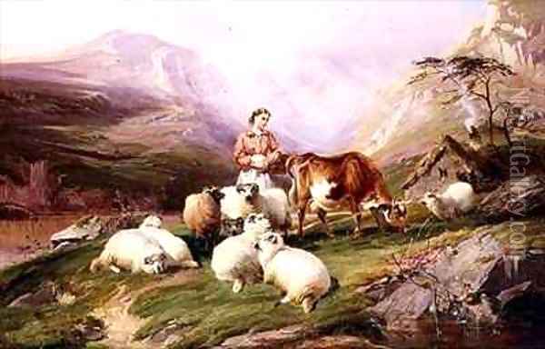 Cow and Sheep on a Mountain Pasture Oil Painting - Thomas George Cooper