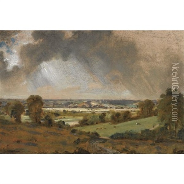 Dedham Vale; View Of Langham Church From The Fields Just East Of Vale Farm, East Bergholt Oil Painting - John Constable