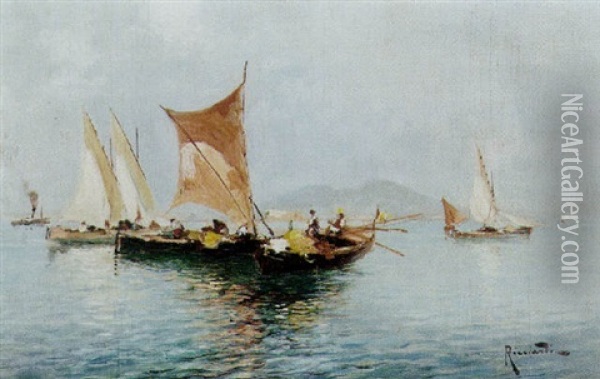 Fishing Boats In The Bay Of Naples Oil Painting - Oscar Ricciardi