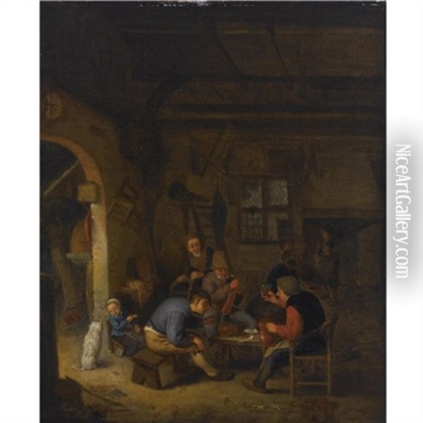 Peasants In An Inn Smoking And Drinking, A Little Girl Feeding A Dog To The Left Oil Painting - Adriaen Jansz van Ostade