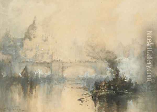 A murky day on the Thames, near Blackfriars Oil Painting - Frank Wasley