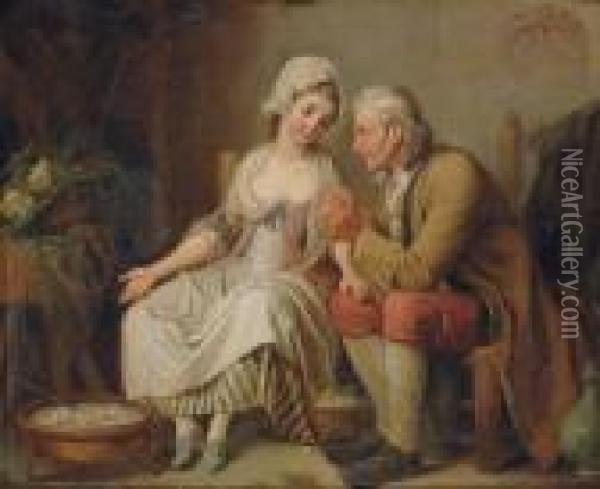 An Old Man Threading A Needle For A Young Seamstress Before A Brazier Of Coals Oil Painting - Pierre-Alexandre Wille
