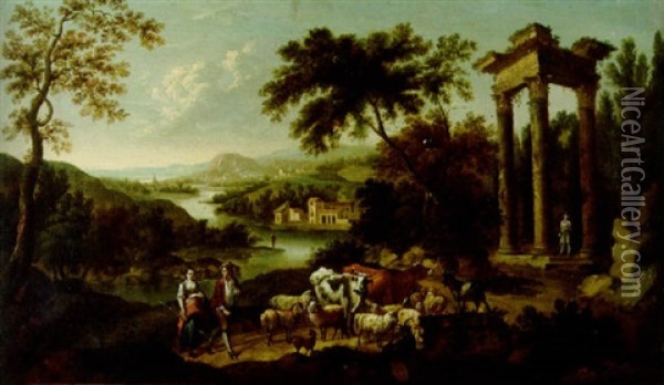 Pastori Con Armenti In Un Paesaggio Fluviale, Con Rovine Classiche E Un Borgo In Lontananza Oil Painting - Marco Ricci