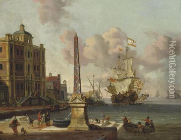 A Mediterranean Harbour With A Man O'war Approaching Oil Painting - Abraham Storck