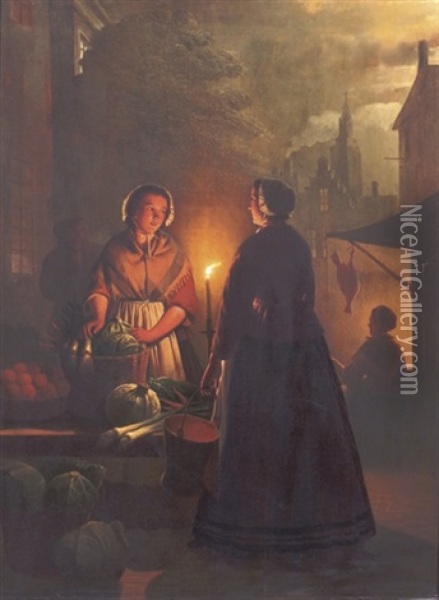 A Market Stall By Night Oil Painting - Andreas Franciscus ver Meulen