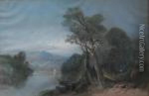 Lake Landscape With Distant Mountains Oil Painting - Henry Bright