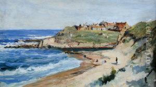 Figures On The Shore With A Village And Cliffs Inthe Distance Oil Painting - John Falconar Slater
