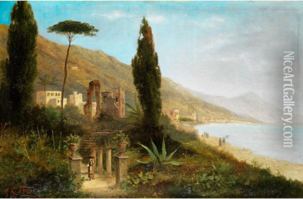 Blick Auf Eine Suditalienische Bucht Mitruinengebaude Zwischen Zypressen Oil Painting - Georg Fischof