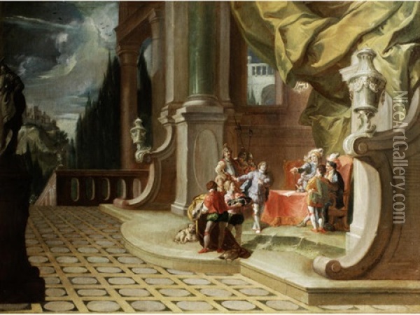 An Architectural Capriccio With Figures In A Palace Interior Oil Painting - Antonio Diziani