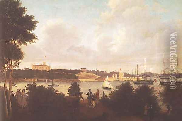 Panorama of Sydney Harbour with Government House and Fort Macquarie from Mrs Macquarie's Chair Oil Painting - Jacob Janssen