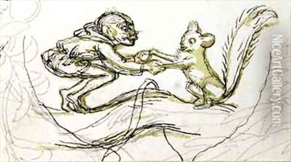 Goblin and Squirrel Oil Painting - Richard Doyle