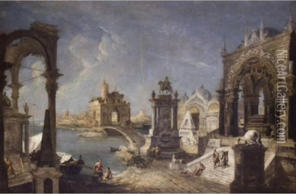An Architectural Capriccio With Figures Oil Painting - Michele Marieschi