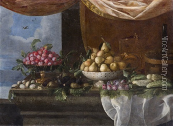 Bodegon: Peras, Ciruelas Y Otras Frutas Encima De Una Repisa Oil Painting - Pedro de Camprobin