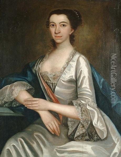 Portrait, Half Length, Of Lady Wearing A Lace Trimmed Satin Gown Oil Painting - Thomas Hudson