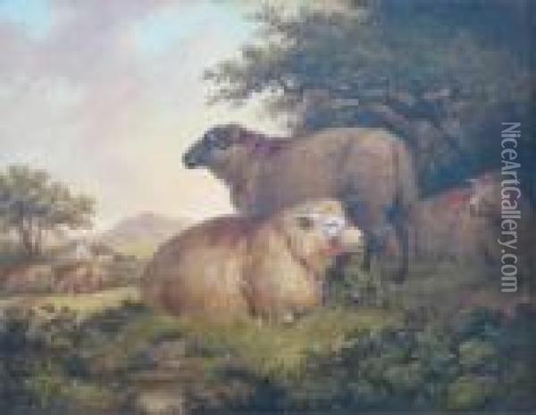 Sheep By A Wood A Cottage Beyond Oil Painting - George Morland