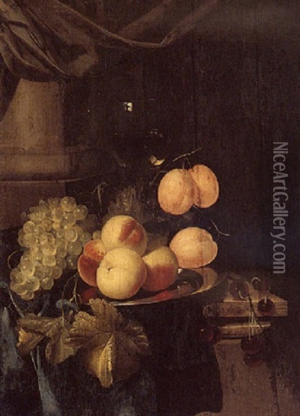 Still Life Of Grapes, Peaches And Plums On A Silver Plate, Cherries And A Roemer, All Set On A Draped Table Oil Painting - Harmen Loeding
