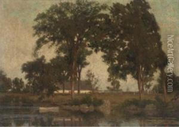 A Boat On A Lake, A Farmstead Beyond Oil Painting - William Brymner