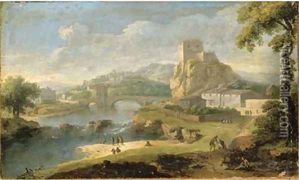 Figures in a river landscape with a bridge and walled city beyond Oil Painting - Paolo Anesi