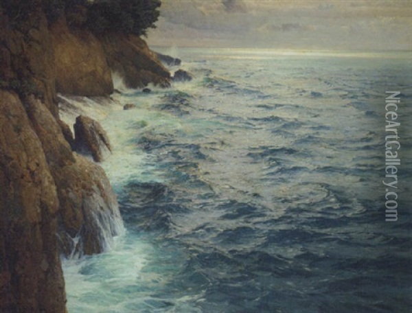 Breakers On A Rocky Coast, Capri Oil Painting - Karl Theodor Boehme