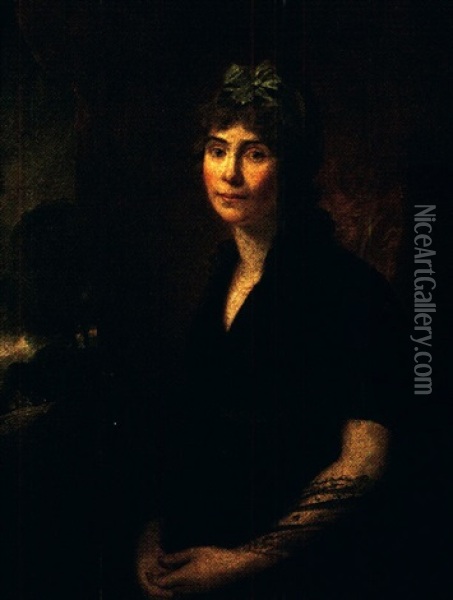 Portrait De Femme Au Ruban Bleu Oil Painting - Sir John Hoppner