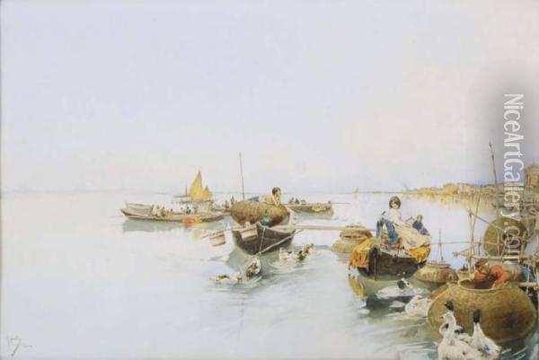 Pescatori A Venezia Oil Painting - Raffaele Mainella