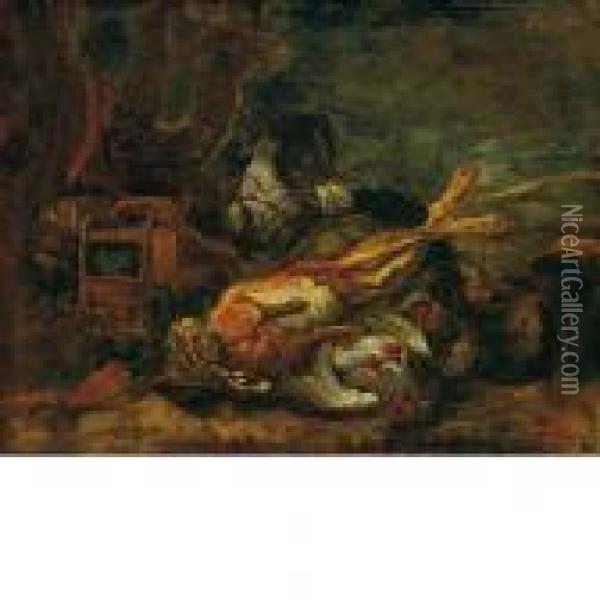 Natura Morta Di Cacciagione Con Pernici, Lepre E Cagnolino Oil Painting - Pieter Gysels