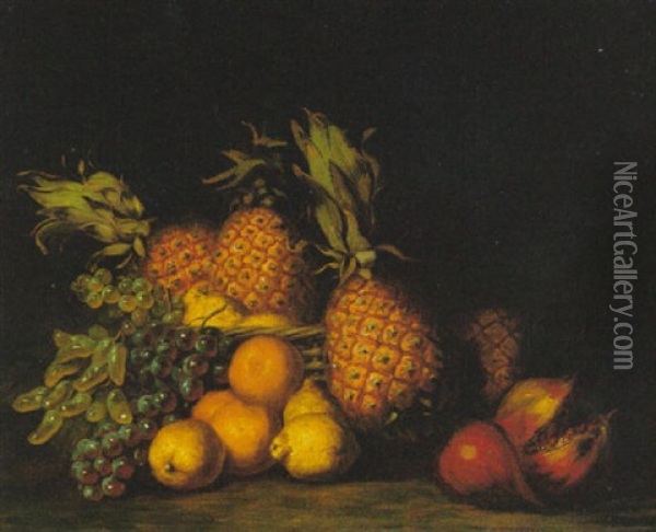 Pomegranate, Grapes, And Pineapples Oil Painting - Charles Bird King
