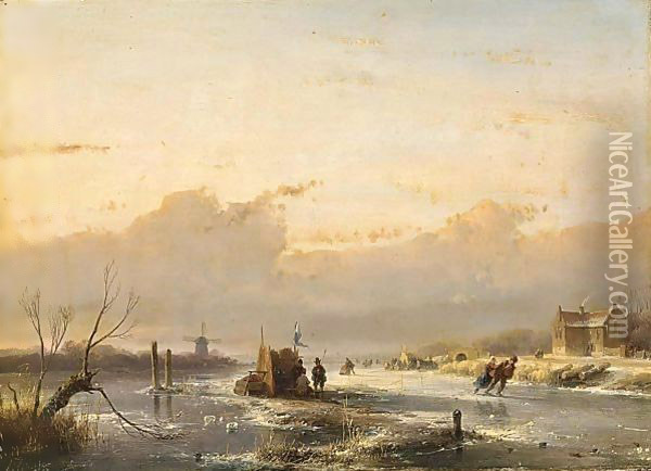 A Frozen River With Skaters And A A´koek En Zopie A´ Oil Painting - Andreas Schelfhout