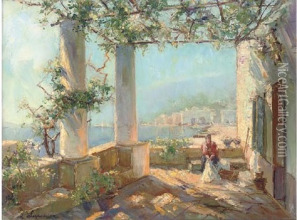 On The Terrace Of A Villa In The South Of France Oil Painting - Georgi Alexandrovich Lapchine
