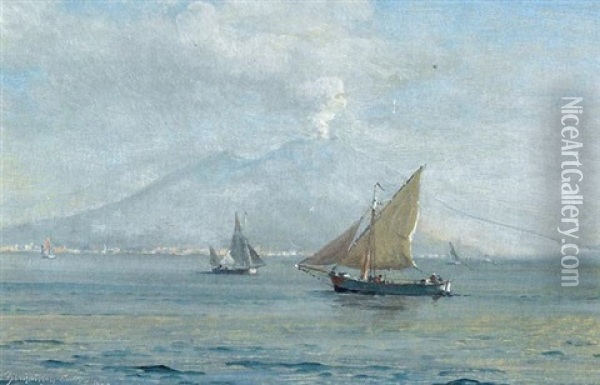 Marine Med Sejlskibe, I Baggrunden Aktive Vesuv Oil Painting - Christian Benjamin Olsen