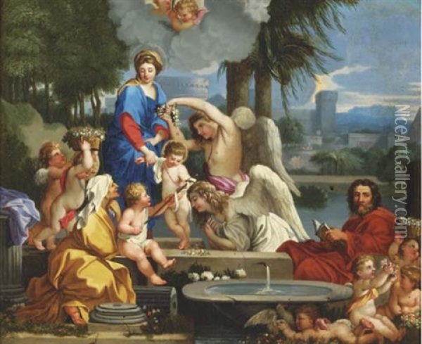 The Holy Family With Saint Elizabeth And Saint John The Baptist, In A Classical Landscape With Ruins, Surrounded By Putti Oil Painting - Sebastien Bourdon