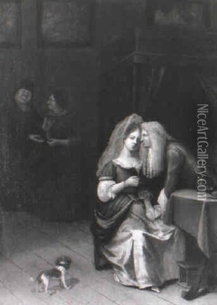 An Elegant Couple Courting In An Interior With An Elderly Couple Nearby Oil Painting - Willem van Mieris