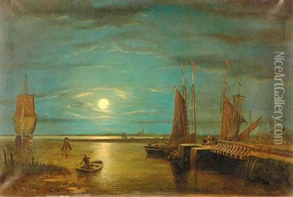 Docks In Moonlight Oil Painting - Henry Pether