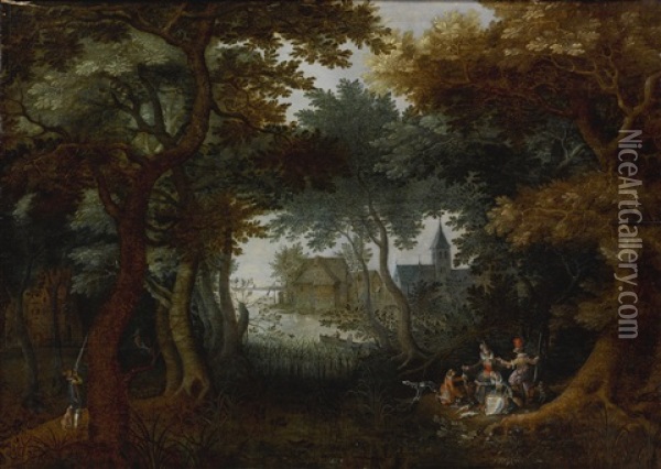 Elegant Hunting Party At Rest In A Forest Oil Painting - David Vinckboons