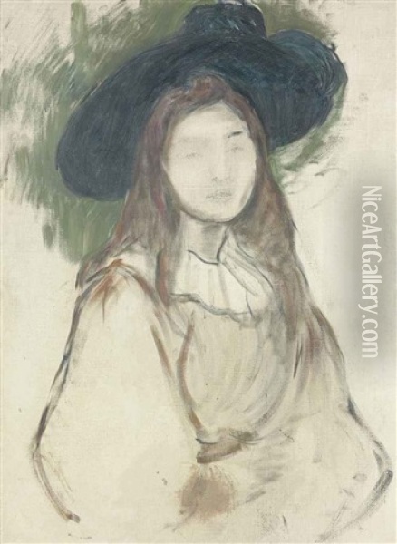 Julie Manet Au Chapeau Liberty Oil Painting - Berthe Morisot
