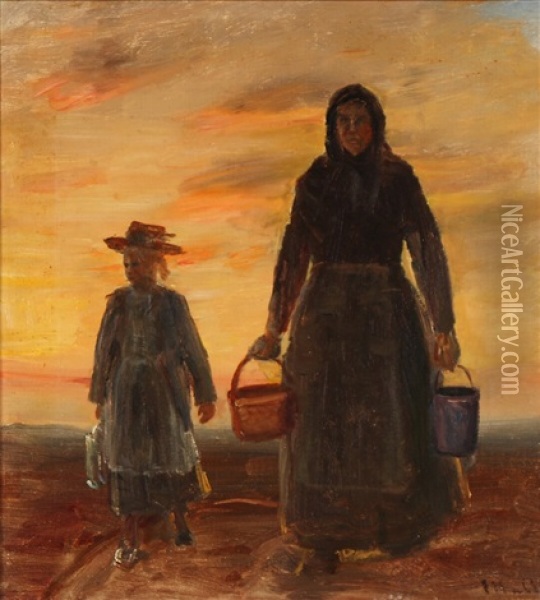 Mother And Daughter Walking Home After A Hard Day's Work Oil Painting - Michael Peter Ancher
