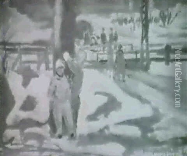Jarnvagsovergang -                                          Stadsmotiv Fran Gavle Oil Painting - Eric C. Hallstroem