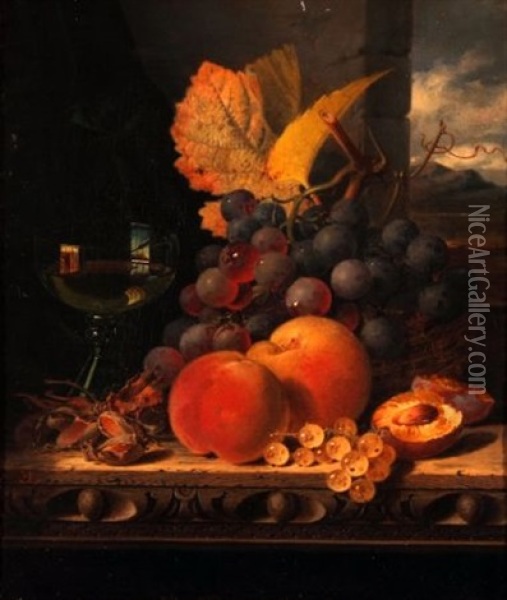 Still Life Study Of Mixed Fruit And Wine Glass On A Table Ledge Oil Painting - Edward Ladell