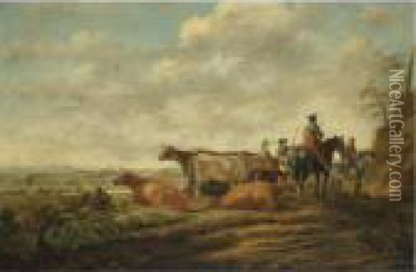 A Northern Landscape At Sunset With Herders And Their Cattle In The Foreground Oil Painting - Aelbert Cuyp