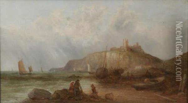 Dunstanborough Castle Signed 18 X 32in Oil Painting - Alfred Pollentine