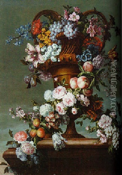 Grapes, Roses, Tulips, Hyacinth, Peaches, Plums And Other Flowers Entwined Around A Vase Oil Painting - Jean-Baptiste Monnoyer
